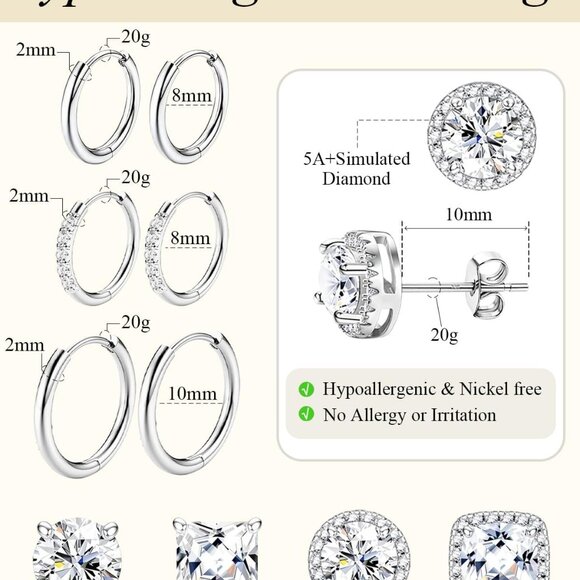 Hypoallergenic Surgical Steel CZ Earrings Set - Big & Small Studs & Hoops in 18K - Picture 4 of 6